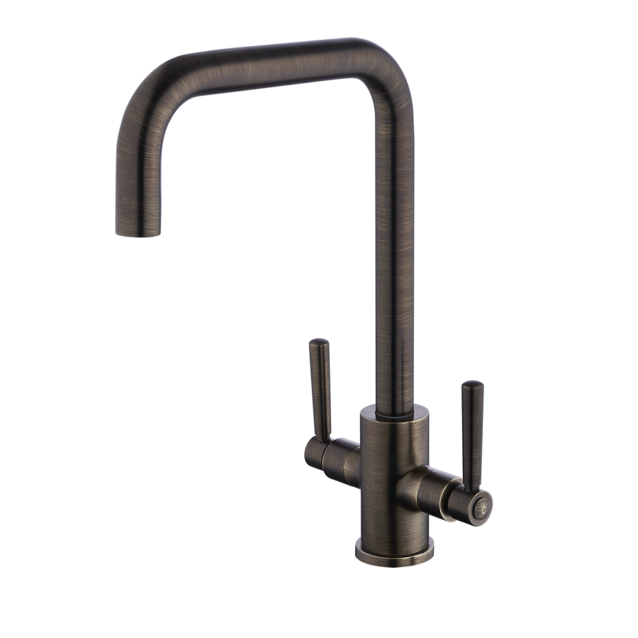Antique Brass Dual Lever Monobloc Square Kitchen Mixer Tap - Enza Elwood