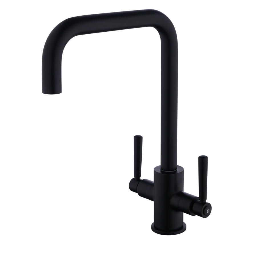 Matt Black Dual Lever Square Monobloc Kitchen Mixer Tap - Enza Elwood