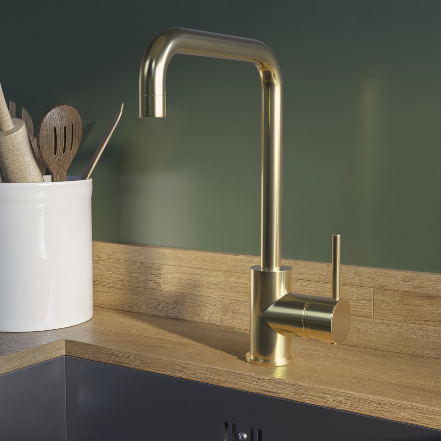 1 Bowl White Granite Composite Undermount Kitchen Sink with Brushed Brass Mixer Tap Set - Enza