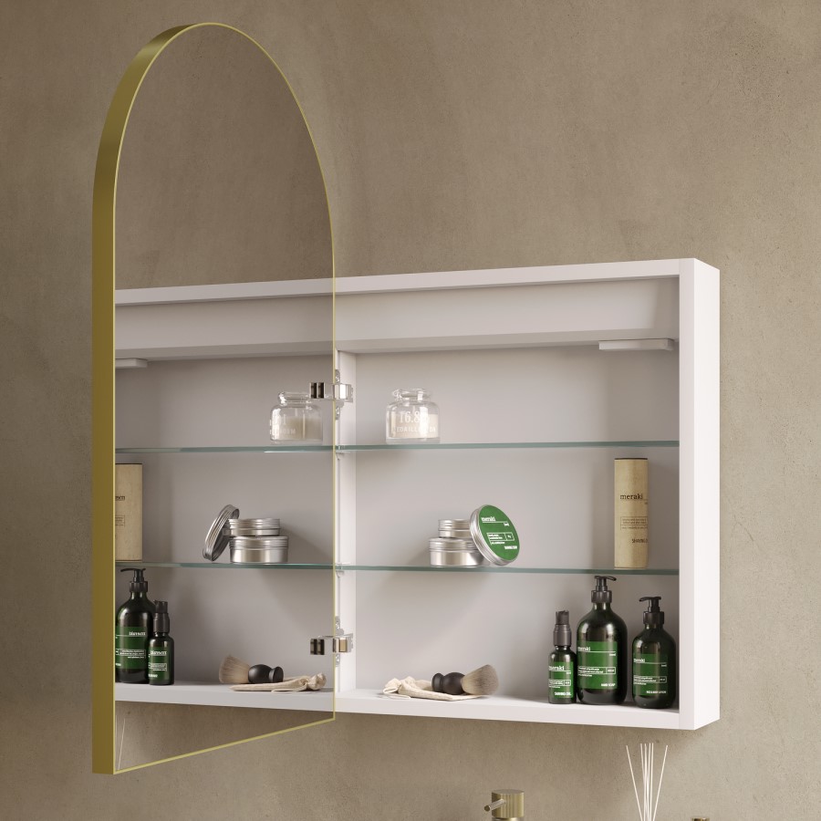 Single Door Brass Bathroom Mirror Cabinet with Lights, Demister & Shaver Socket 500 x 800mm - Empire