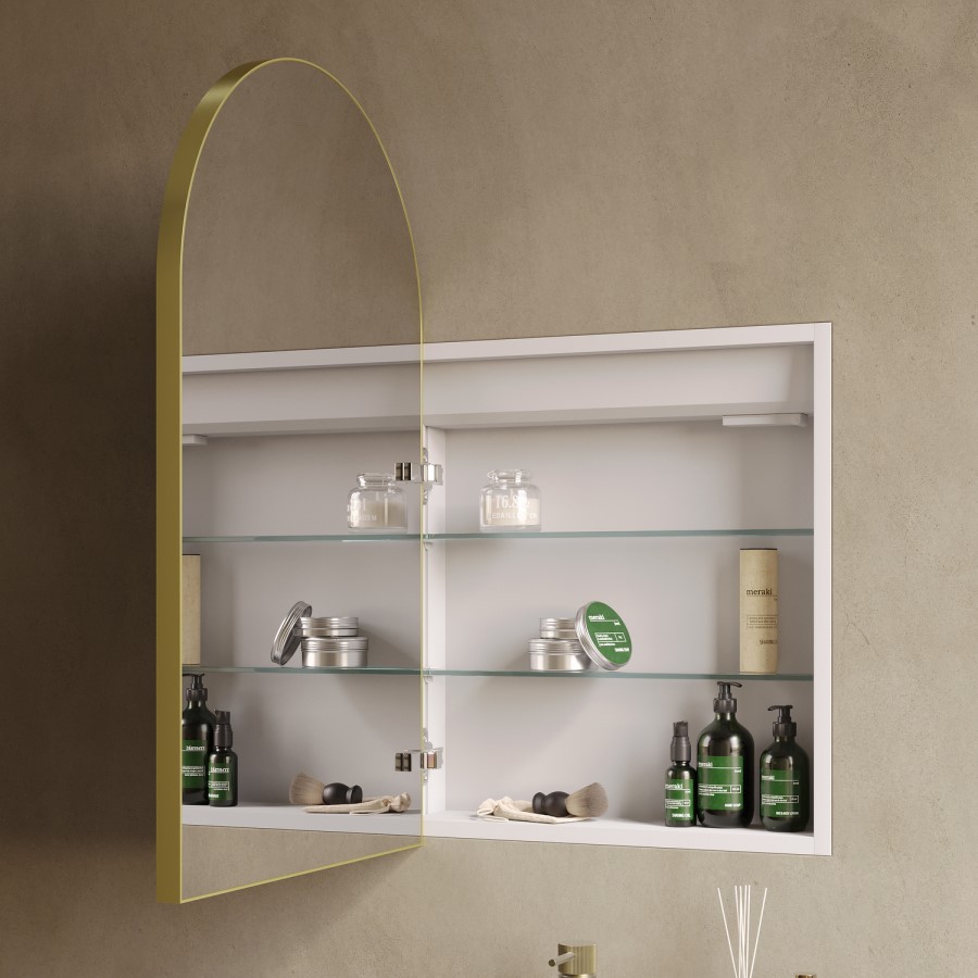 Single Door Brass Bathroom Mirror Cabinet with Lights, Demister & Shaver Socket 500 x 800mm - Empire