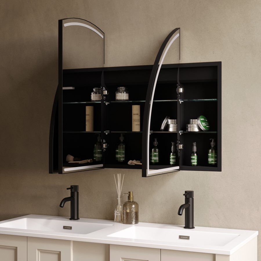 Triple Door Black Bathroom Mirror Cabinet with Lights, Demister & Shaver Socket 1200 x 690mm - Empire