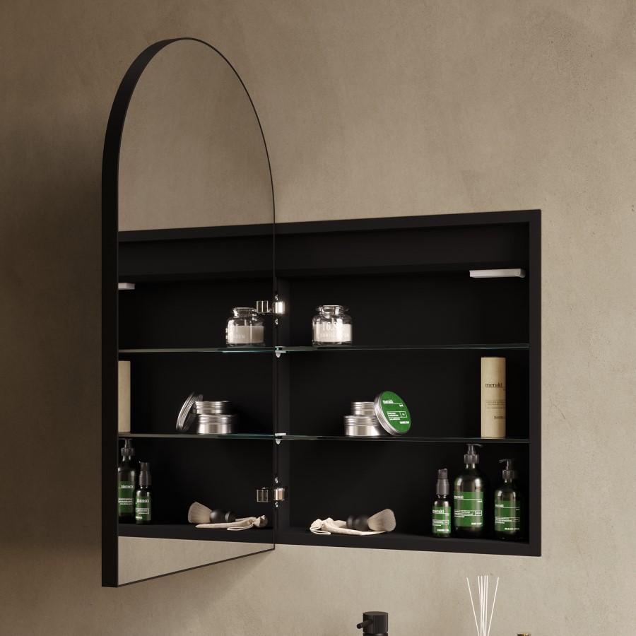 Single Door Black Bathroom Mirror Cabinet with Lights, Demister & Shaver Socket 500 x 800mm - Empire
