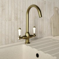 Brass Traditional Monobloc Kitchen Mixer Tap with Dual White Levers - Enza Evelyn