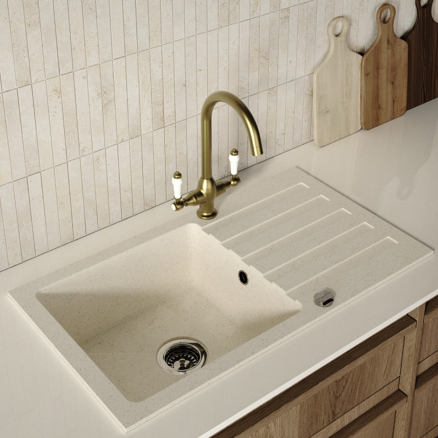 Brass Traditional Monobloc Kitchen Mixer Tap with Dual White Levers - Enza Evelyn