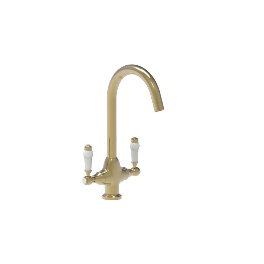 Brass Traditional Monobloc Kitchen Mixer Tap with Dual White Levers - Enza Evelyn
