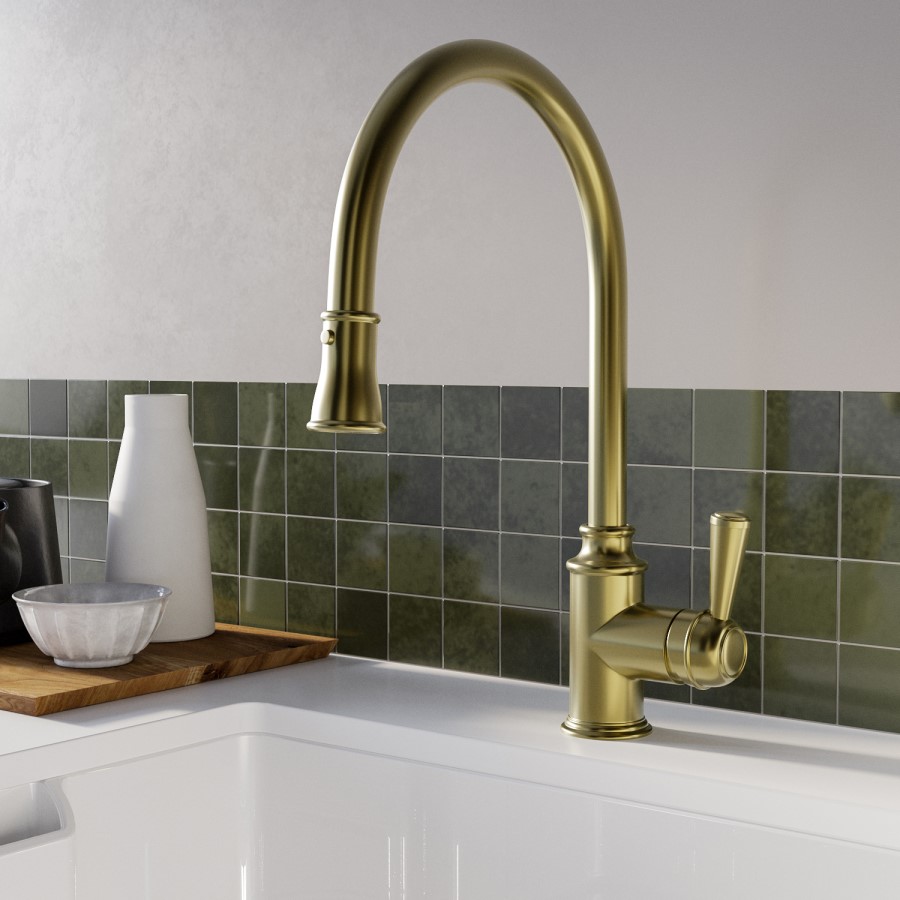 ONLY OPENED - Traditional Single Lever Pull Out Brass Kitchen Mixer Tap - Evelyn