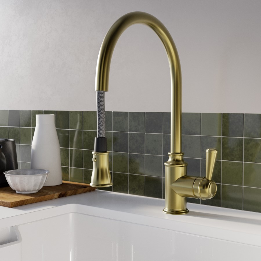 ONLY OPENED - Traditional Single Lever Pull Out Brass Kitchen Mixer Tap - Evelyn