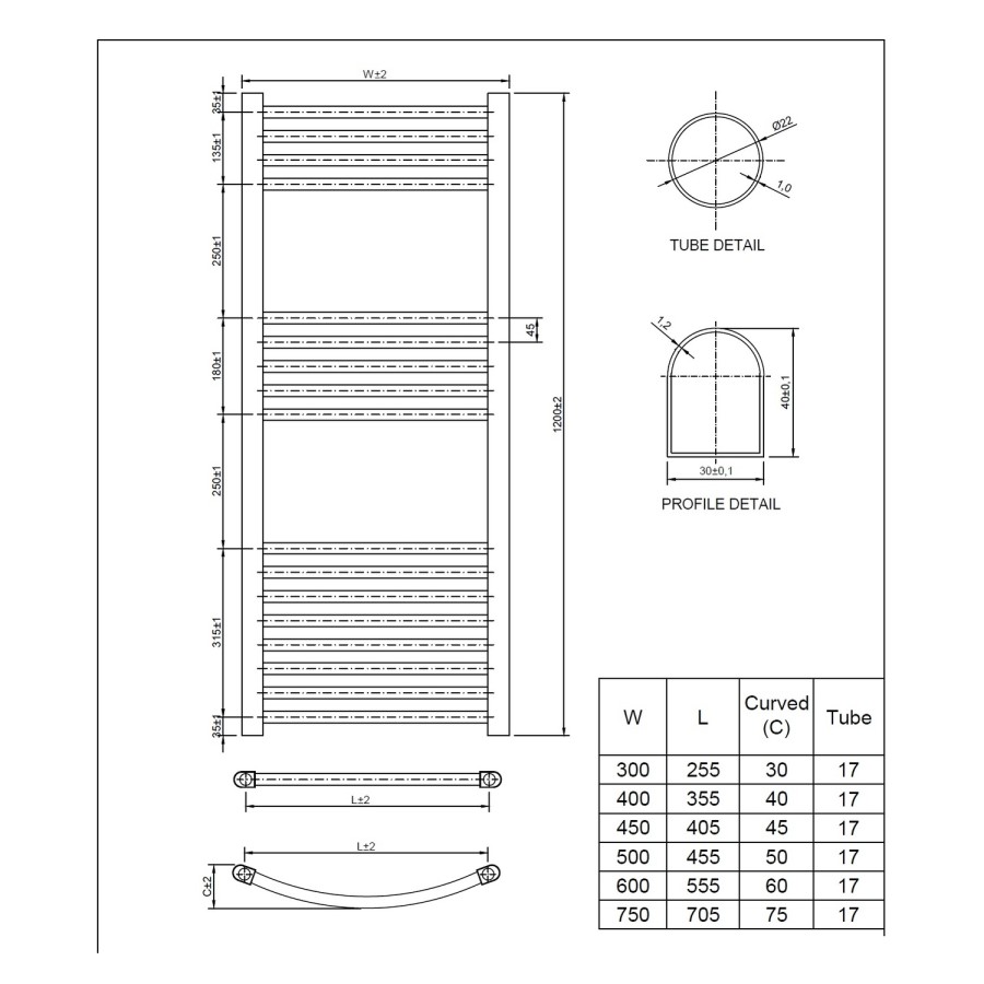 Chrome Heated Towel  Rail Radiator - 1200 x 500mm - Ellie 