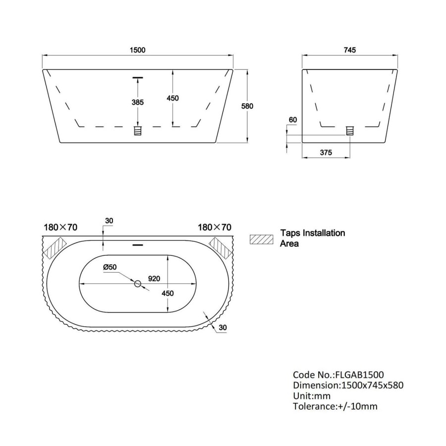 Freestanding Fluted Double Ended Back To Wall Bath 1500 x 745mm - Gable