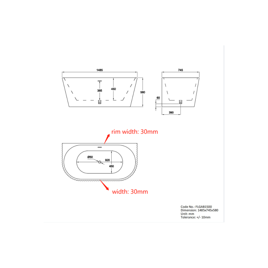 GRADE A1 - Freestanding Fluted Double Ended Back To Wall Bath 1485 x 745mm - Gable