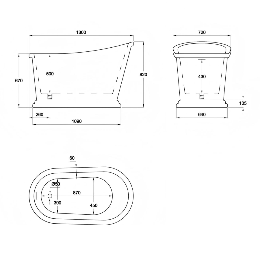 Copper Effect Roll Top Deep Freestanding Bath 1300 x 720mm - Florence