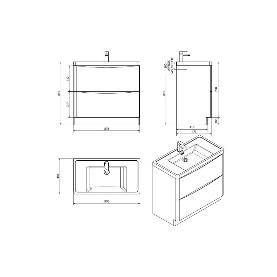 GRADE A1 - Walnut Free Standing Bathroom Vanity Unit & Basin - W900 x H850mm - Oakland
