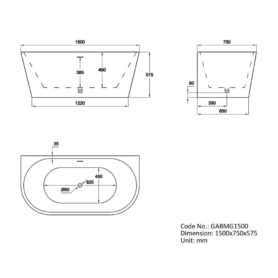 Grey Freestanding Double Ended Back to Wall Bath 1500 x 745mm - Gable