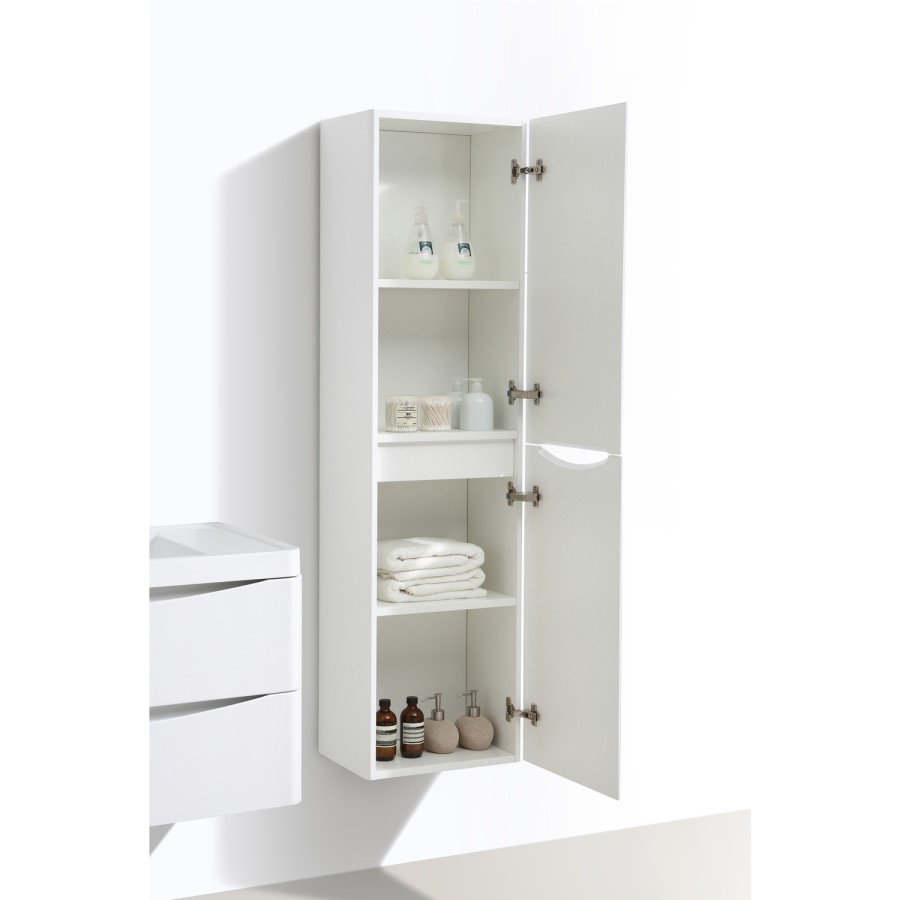 White Wall Hung Tall Bathroom Storage Cabinet - W400 x H1500mm - Oakland