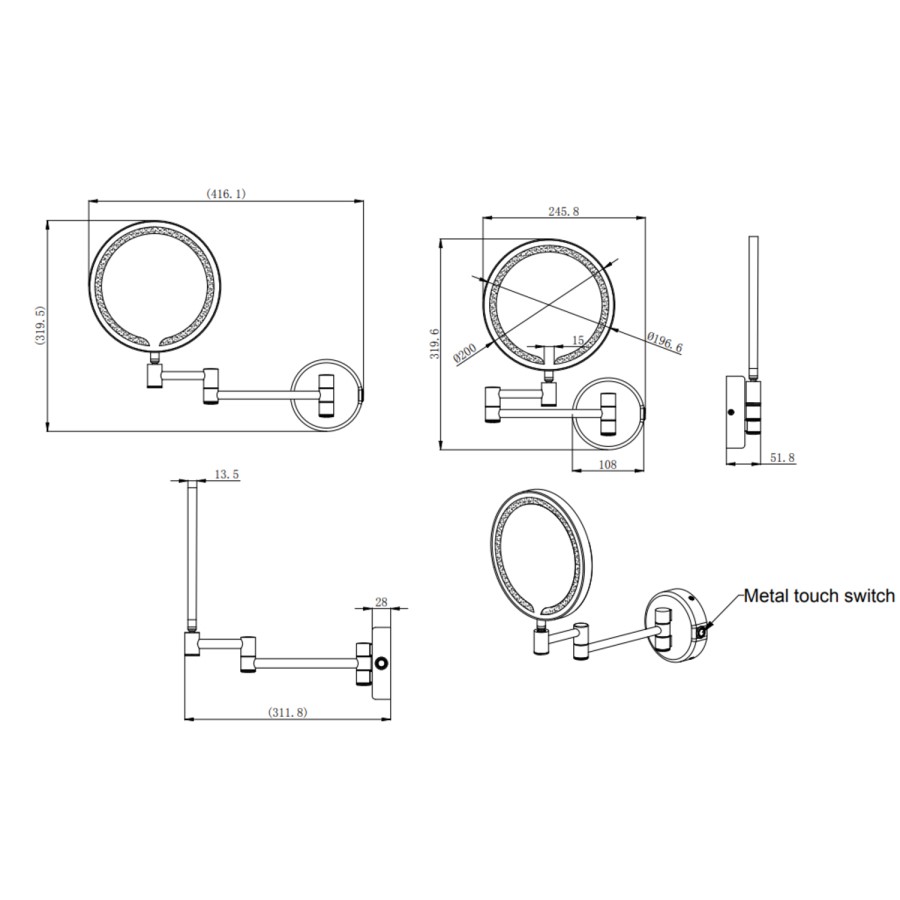 Round Brass Magnifying Makeup Bathroom Mirror with Lights 200mm - Gemini