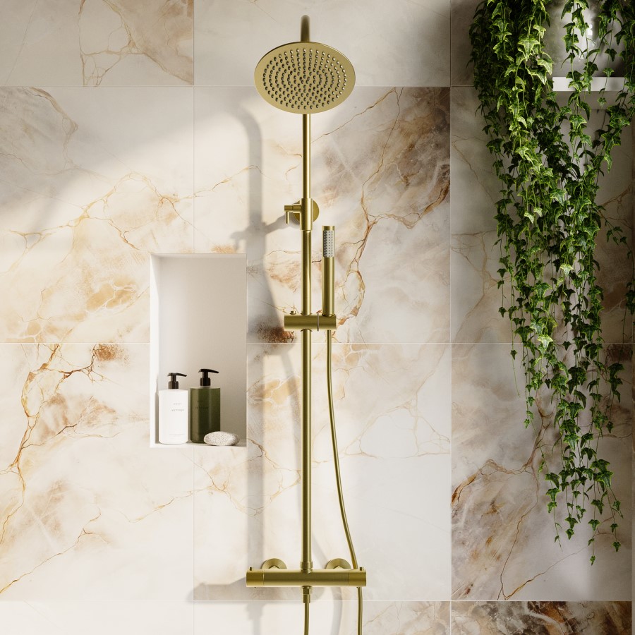 Brass Thermostatic Mixer Shower Set with Rainfall-Style Curved Arm Hand Shower with Slide Rail Kit - Grace