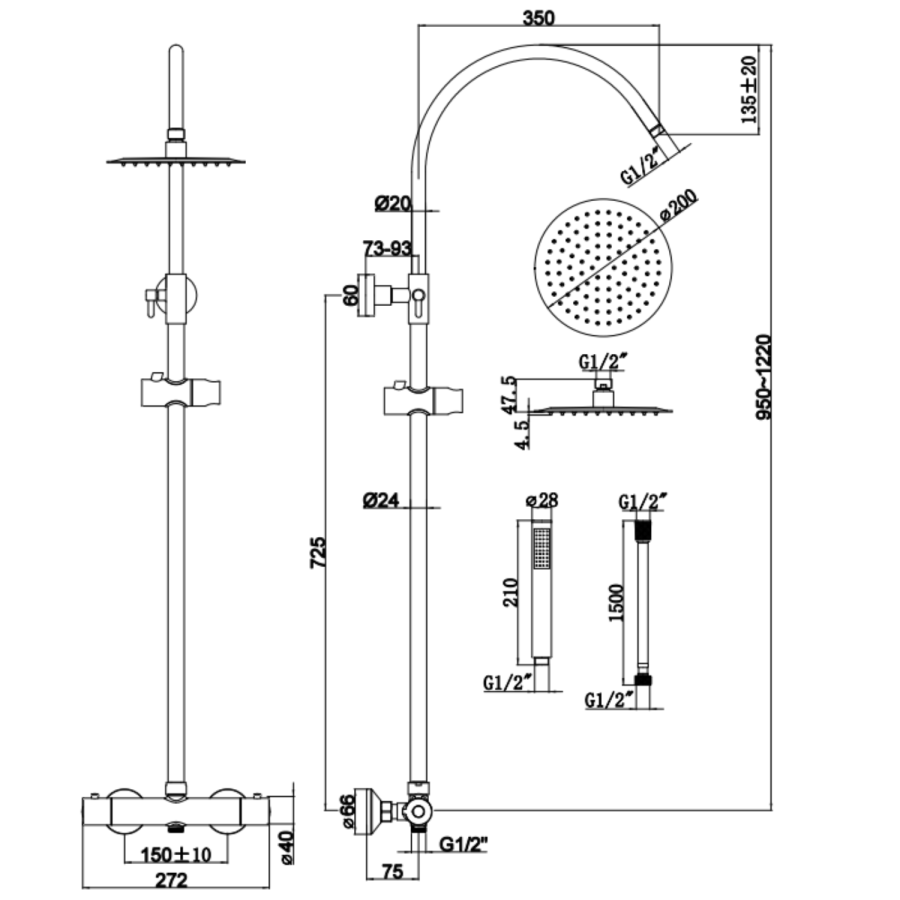Brass Thermostatic Mixer Shower Set with Rainfall-Style Curved Arm Hand Shower with Slide Rail Kit - Grace