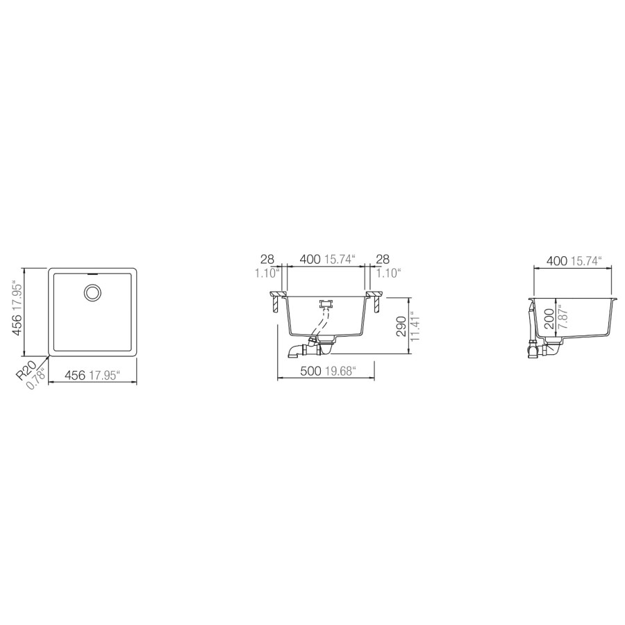 Single Bowl Undermount White Granite Kitchen Sink - Rangemaster Schock Greenwich 456mm x 456mm