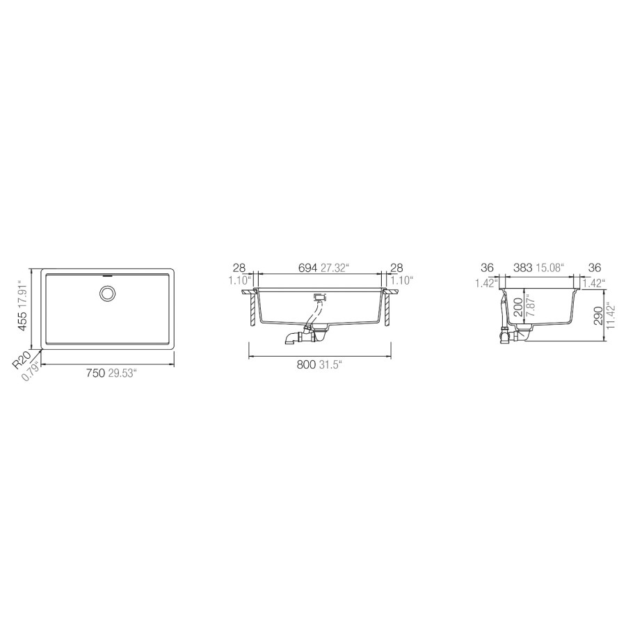 Single Bowl Undermount Grey Granite Kitchen Sink - Rangemaster Schock Greenwich 750mm x 456mm
