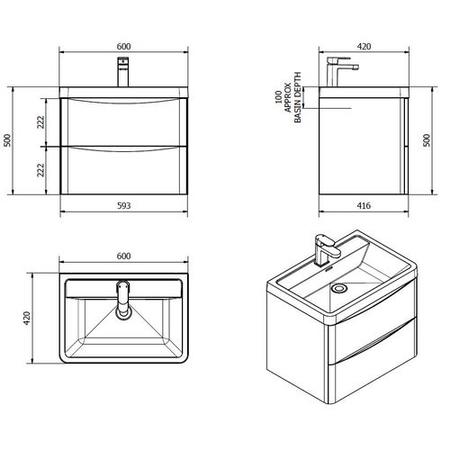 Grey Wall Hung Bathroom Vanity Unit & Basin - 900mm Wide - Oakland