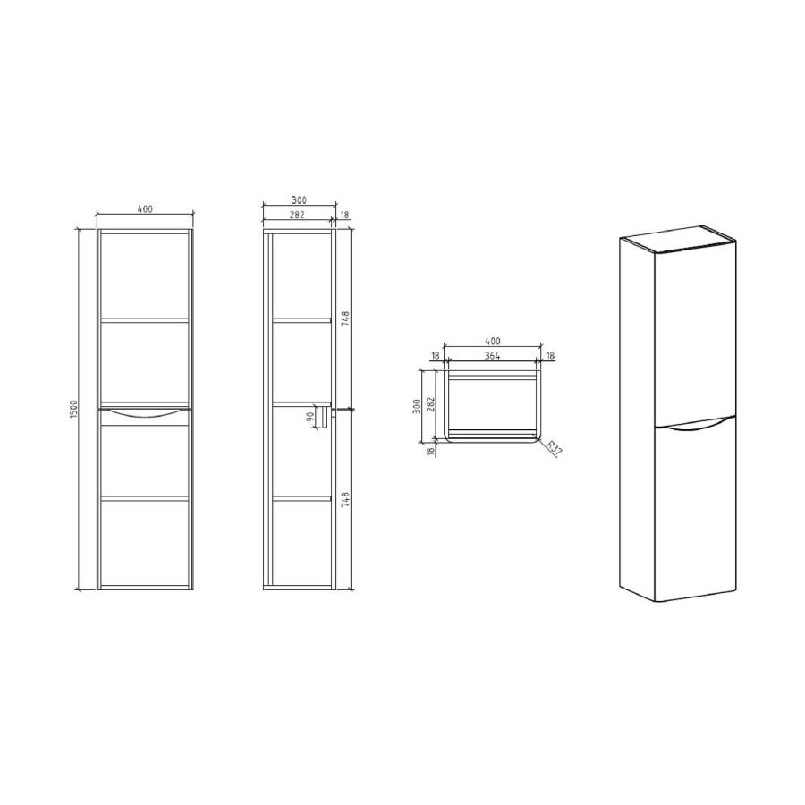 Grey Wall Hung Tall Bathroom Storage Cabinet - W400 x H1500mm - Oakland