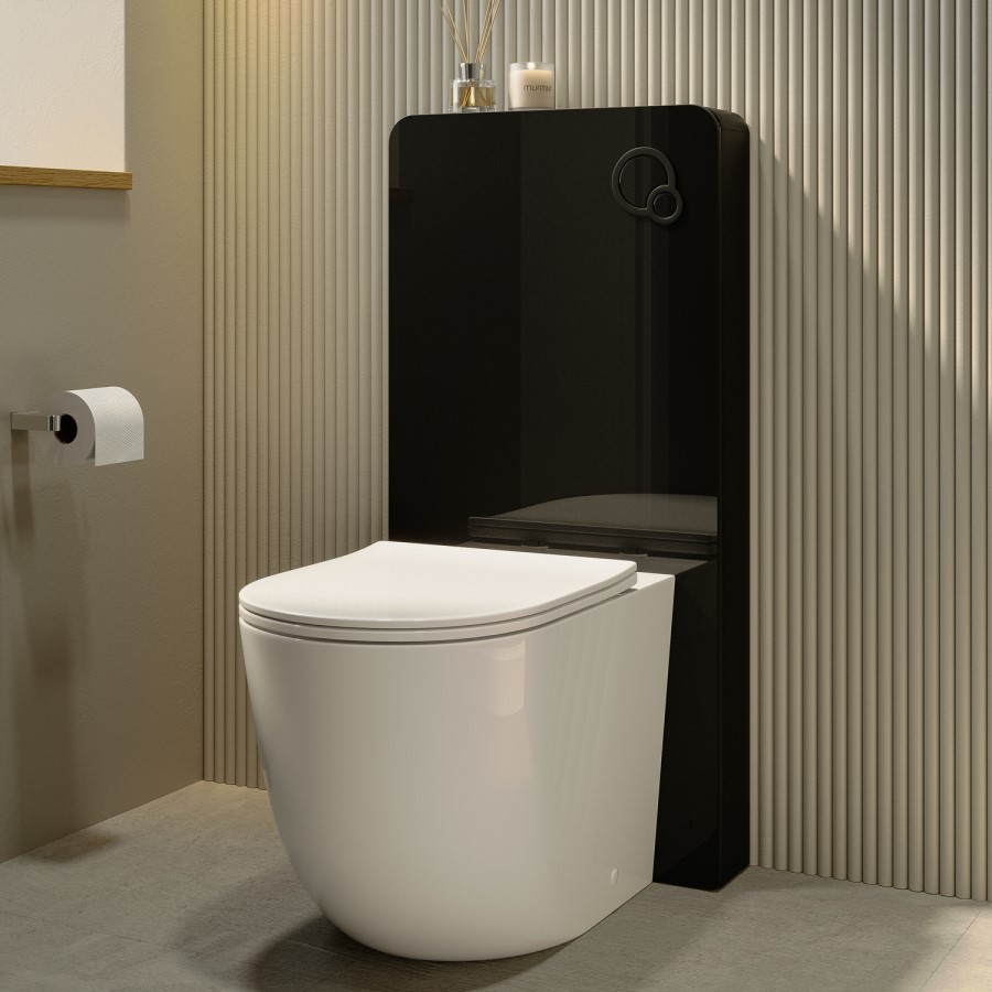 Black Glass Cabinet with Cistern & Pneumatic Dual Flush Button for Back to Wall Toilets - Hako