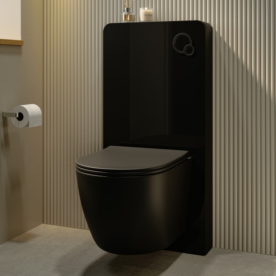 Black Glass Cabinet with Cistern, Frame & Pneumatic Dual Flush Button for Wall Hung Toilets - Hako