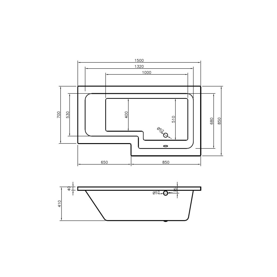 Lena Right Hand L Shape Shower Bath with Side Panel & Shower Screen - 1500 x 700mm