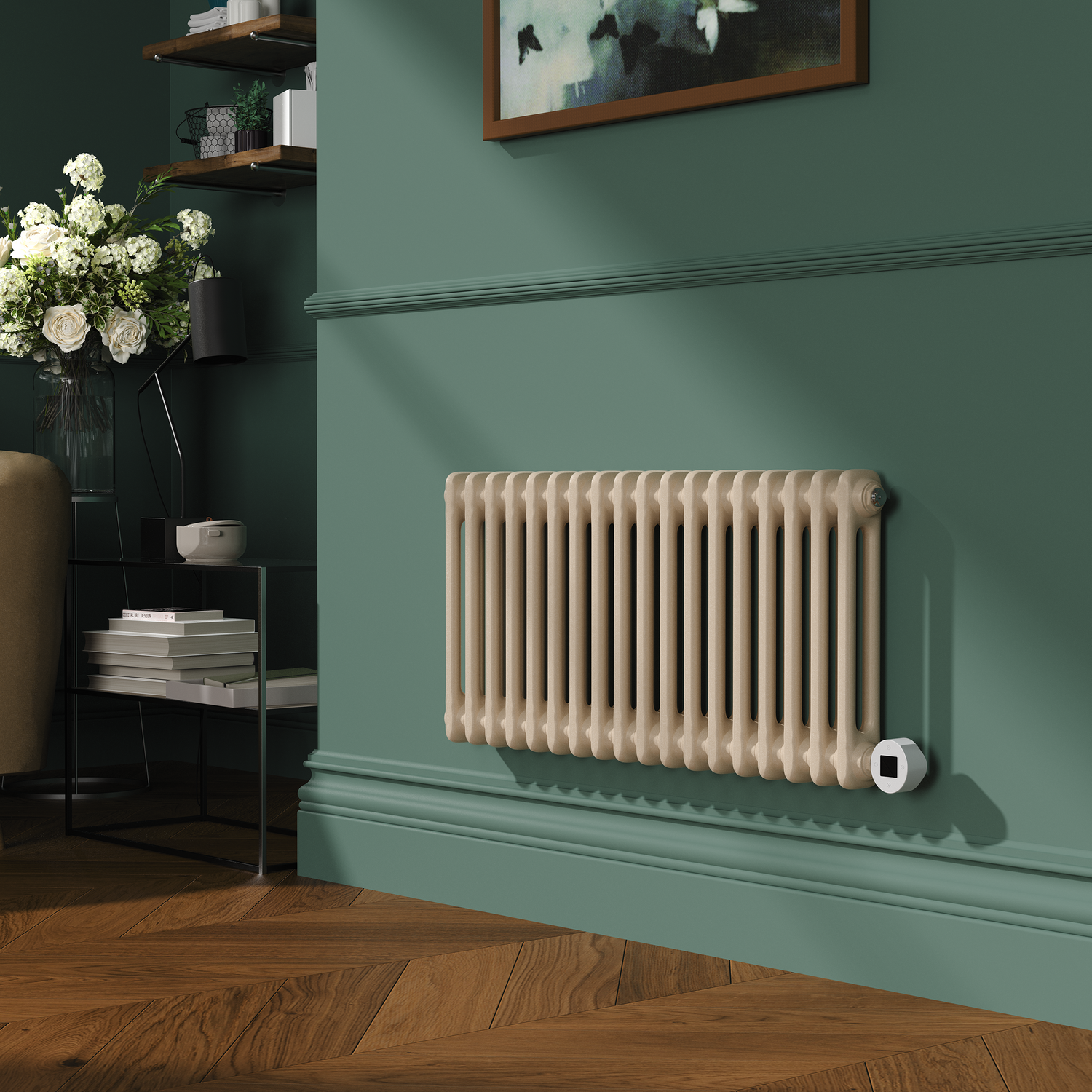 Electriq Beige Cleopatra Horizontal Smart Electric Radiator With Wi-Fi Thermostat - 1.2Kw - H400xw830 - Bathroom Safe