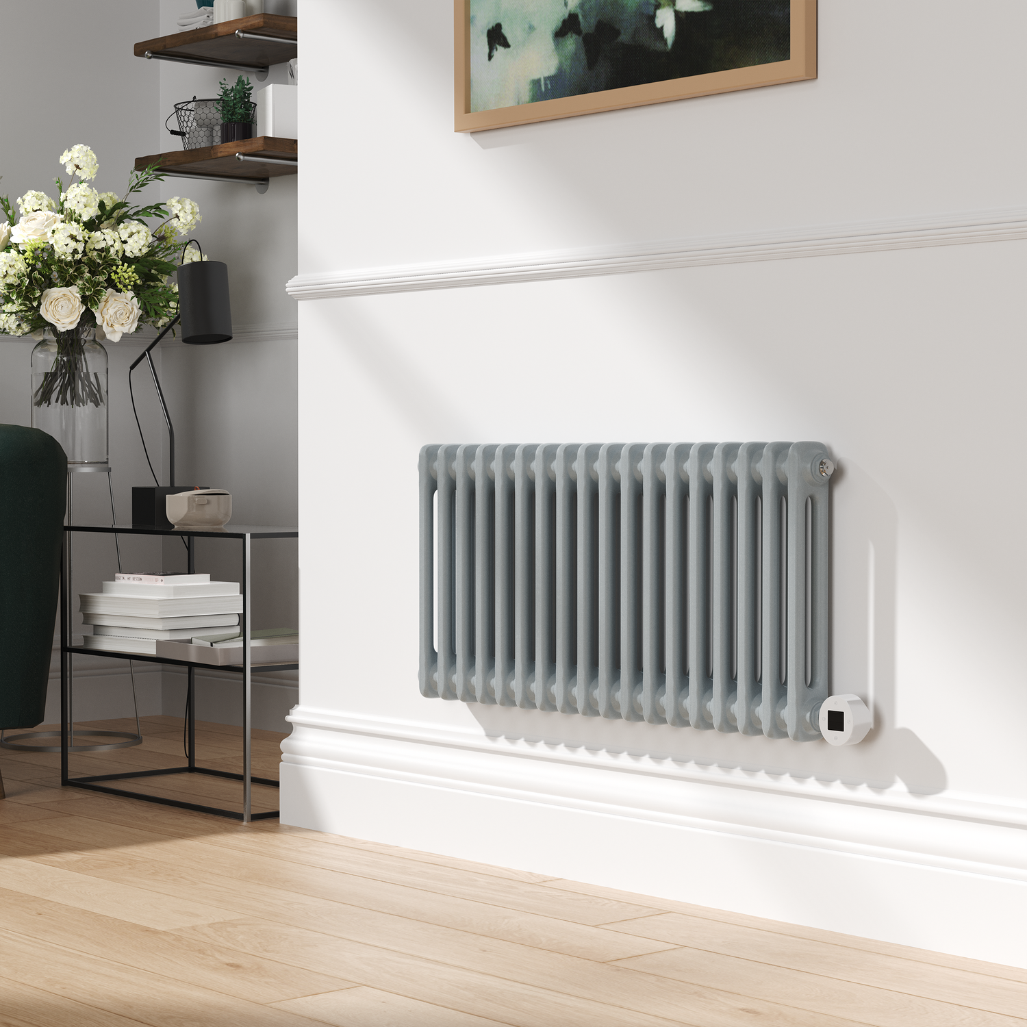 Electriq Grey Salt & Pepper Horizontal Smart Electric Radiator With Wi-Fi Thermostat - 1.2Kw - H400xw830 - Bathroom Safe