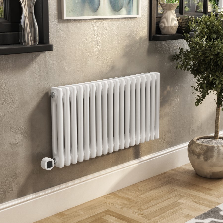 White Horizontal Column Smart Electric Radiator with Wi-Fi Thermostat - 1200W - H400xW830mm - Bathroom Safe