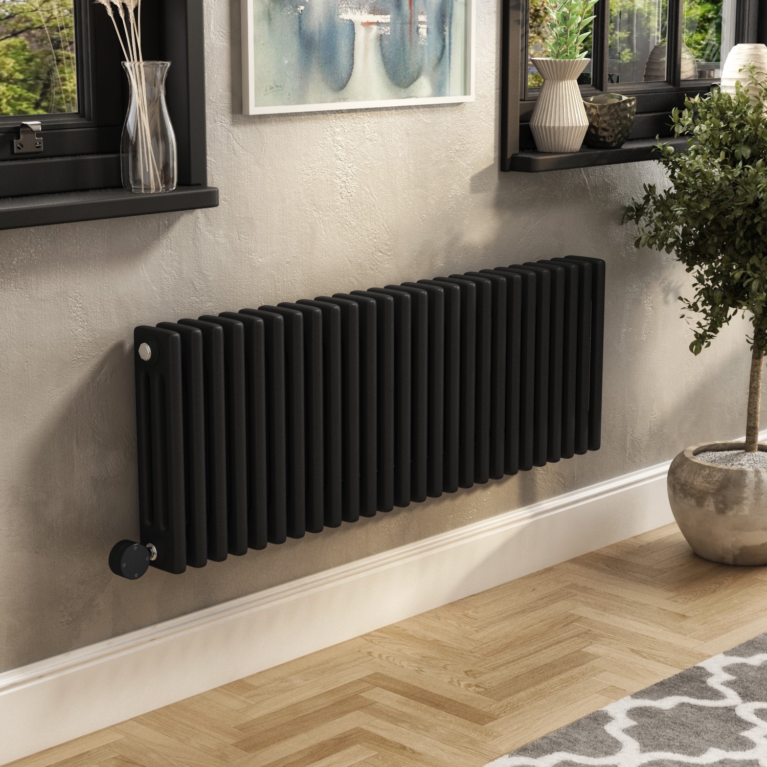 Electriq Black Midnight Horizontal Column Smart Electric Radiator With Wi-Fi Thermostat - 1200W - H400xw1190mm - Bathroom Safe