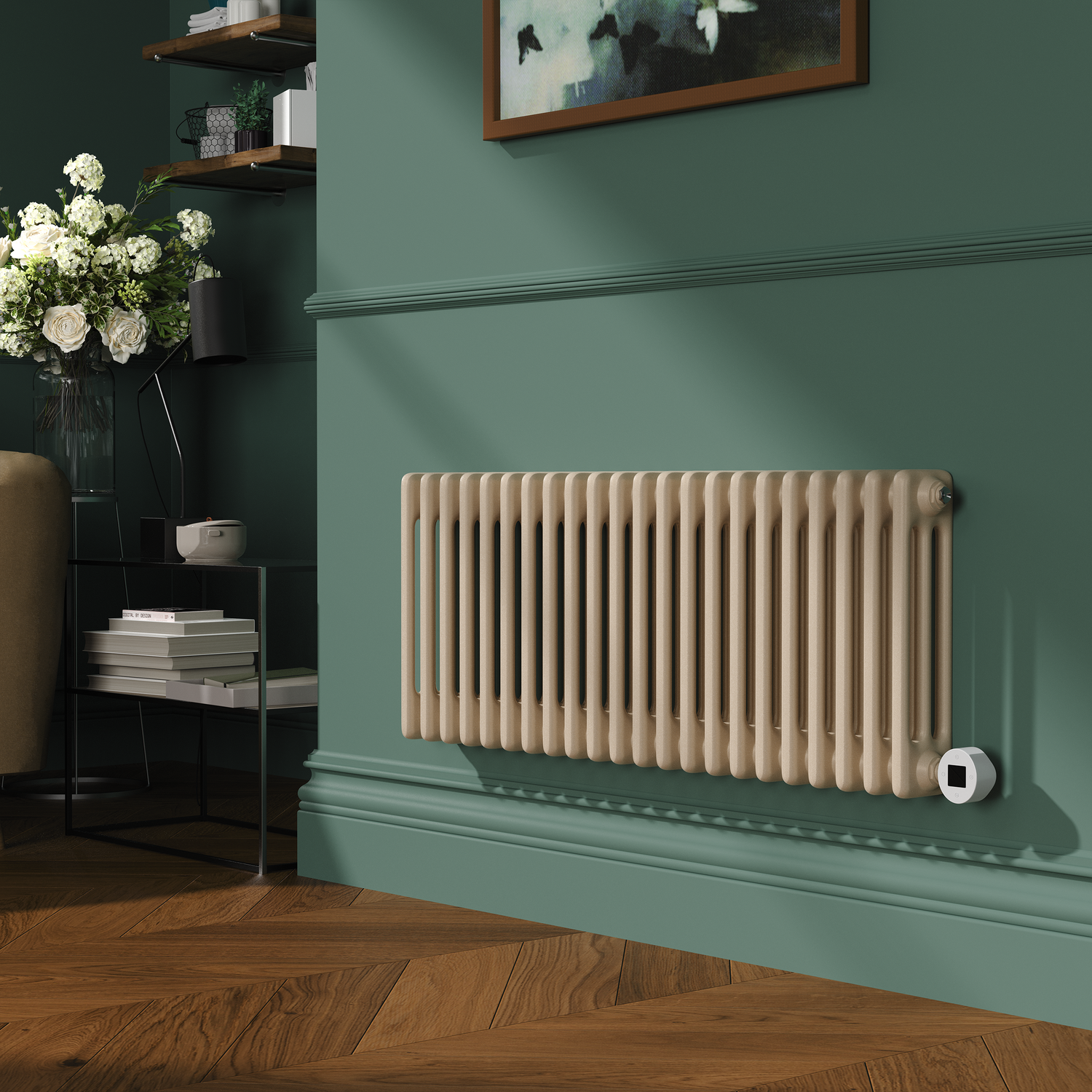 Electriq Beige Cleopatra Horizontal Smart Electric Radiator With Wi-Fi Thermostat - 1.2Kw - H400xw1190 - Bathroom Safe