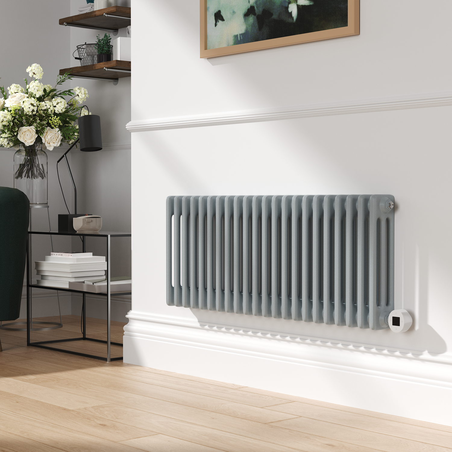 Electriq Grey Salt & Pepper Horizontal Smart Electric Radiator With Wi-Fi Thermostat - 1.2Kw - H400xw1190 - Bathroom Safe
