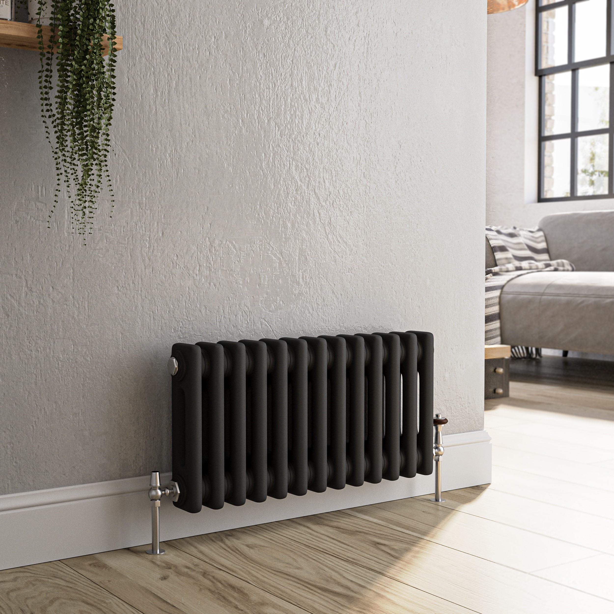 Reggio Midnight Black Horizontal Double Column Traditional Radiator 300X605mm 1062 Btu - Cast Iron Style