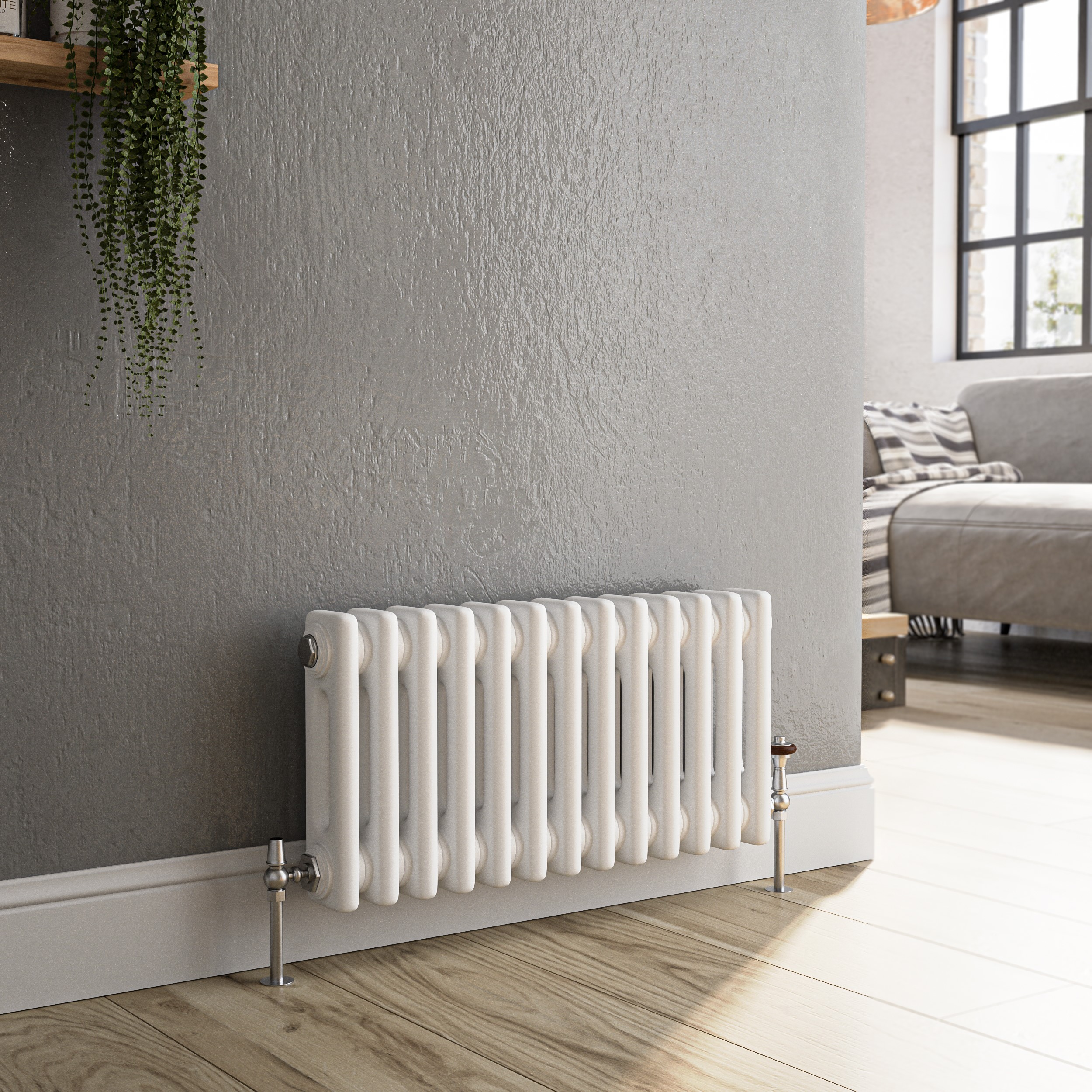 Reggio White Horizontal Double Column Traditional Radiator 300X605mm 1062 Btu - Cast Iron Style