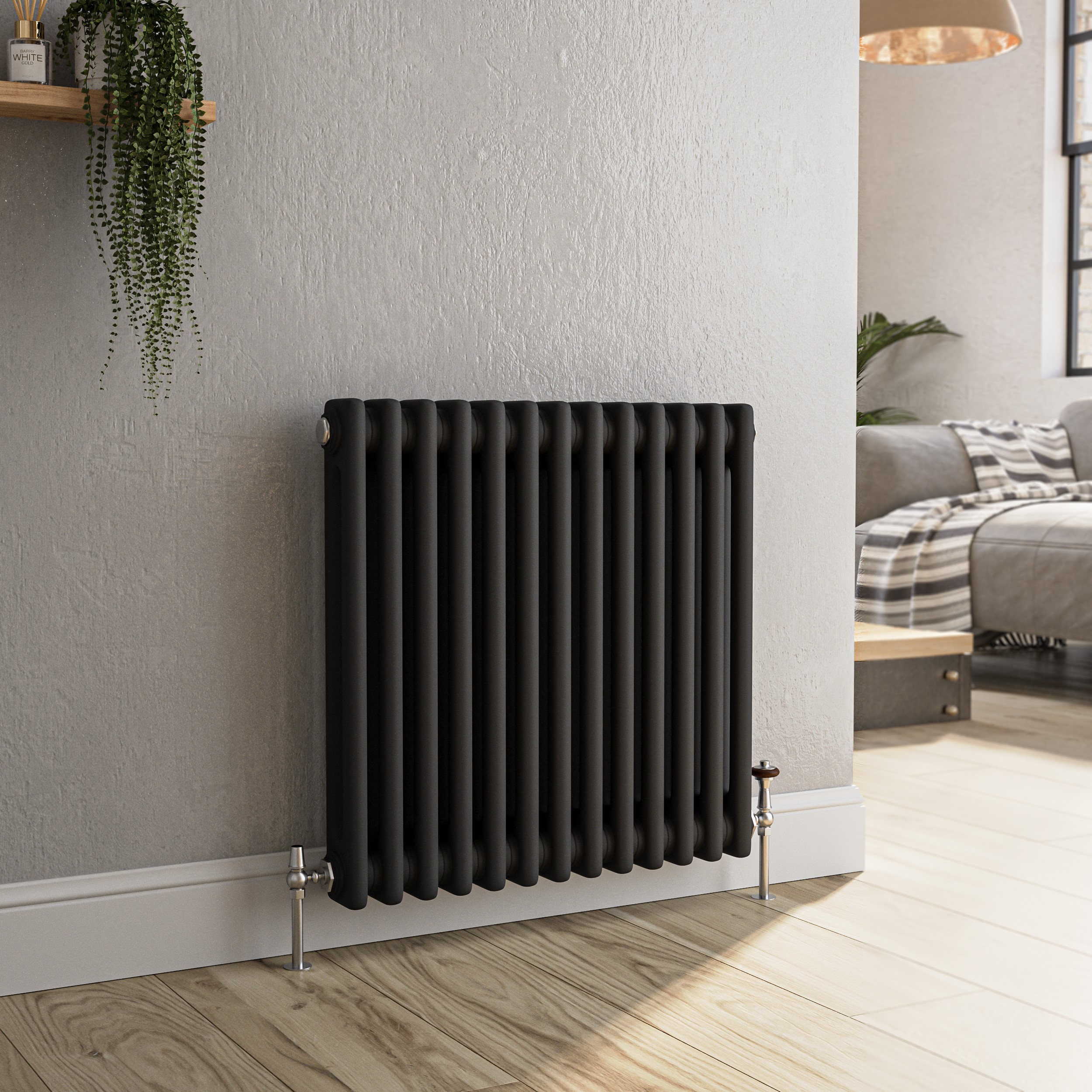 Reggio Midnight Black Horizontal Double Column Traditional Radiator 600X605mm 2045 Btu - Cast Iron Style