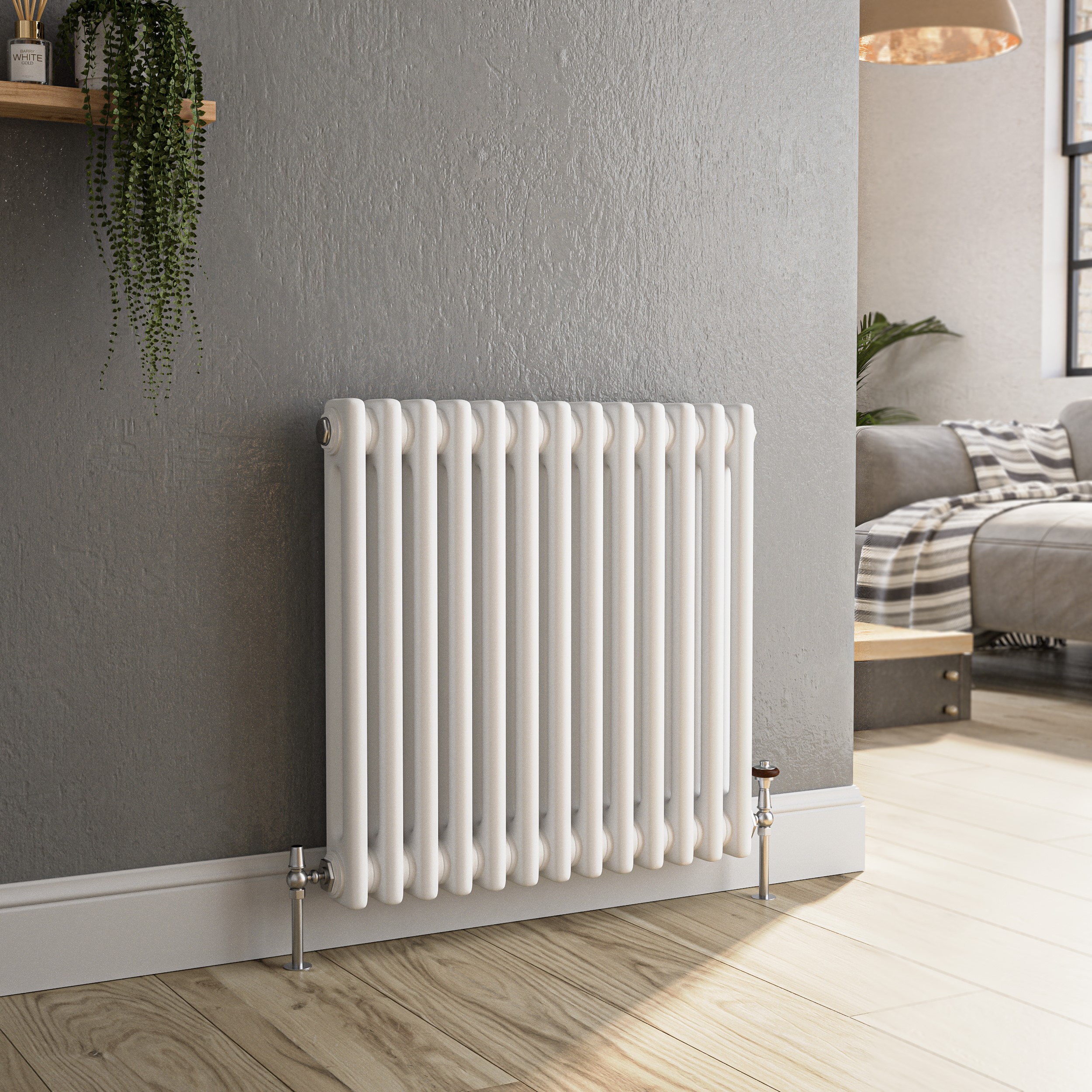 Reggio White Horizontal Double Column Traditional Radiator 600X605mm 2045 Btu - Cast Iron Style