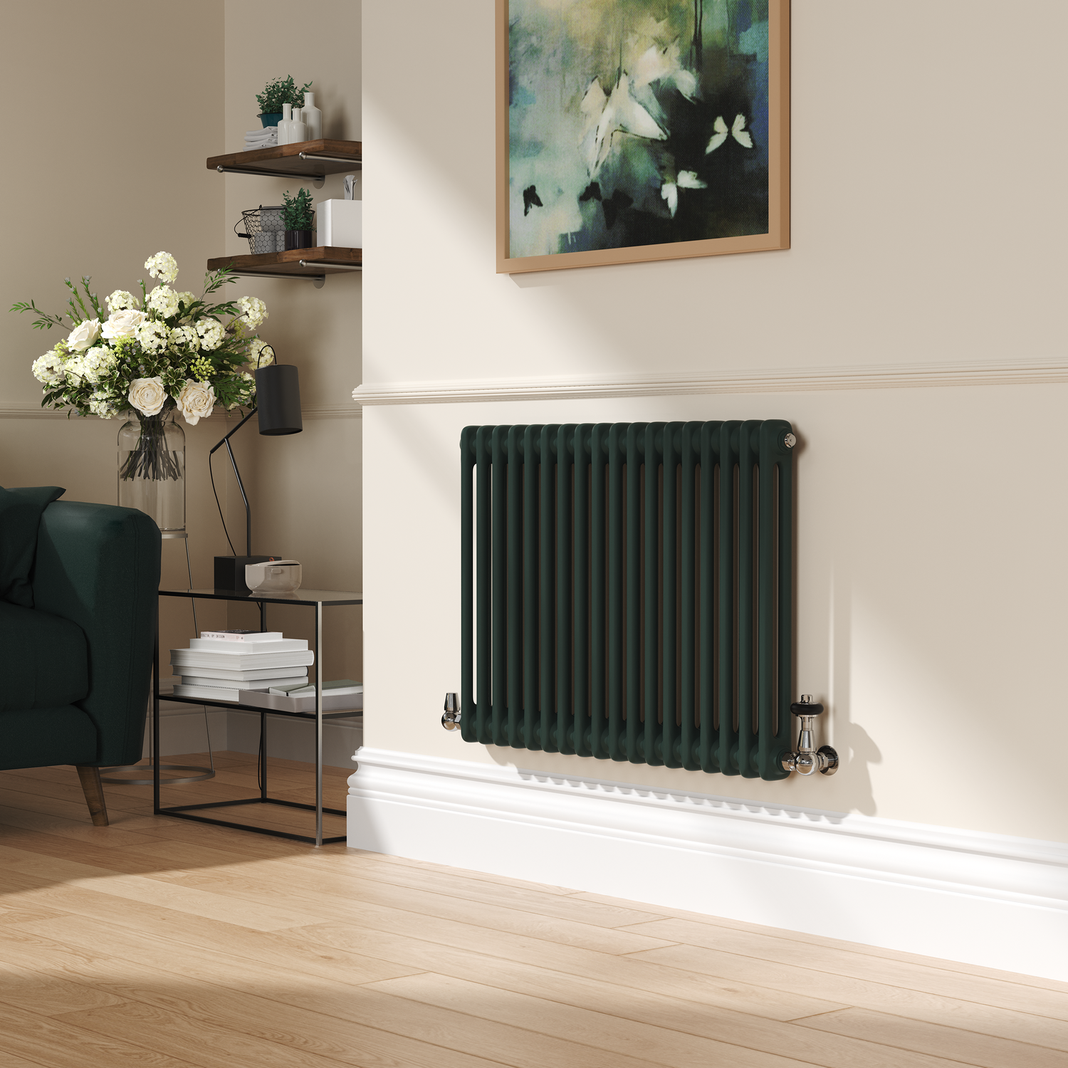 Reggio Green Ever Horizontal Double Column Traditional Radiator 600X830mm 2832 Btu - Cast Iron Style