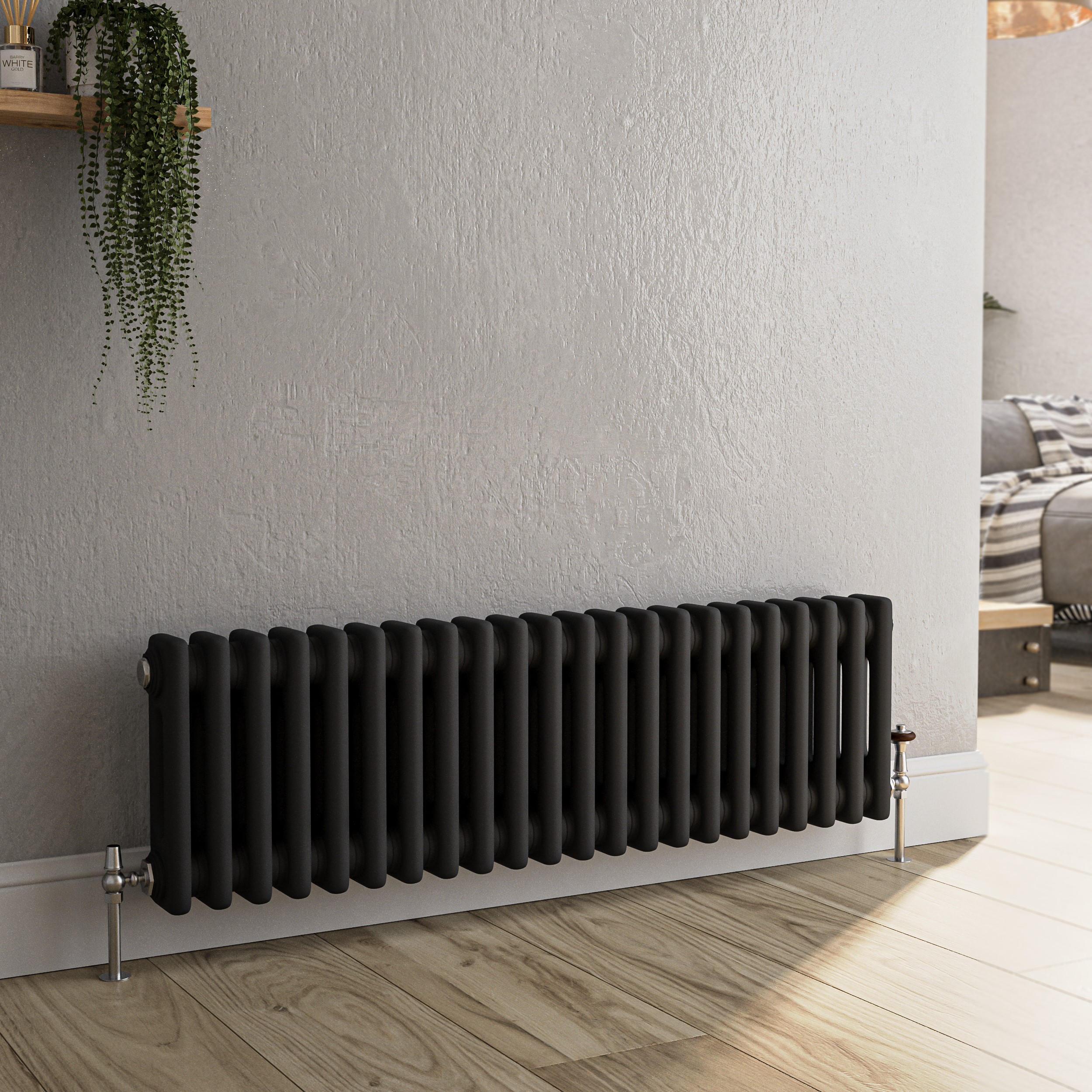 Reggio Midnight Black Horizontal Double Column Traditional Radiator 300X1010mm 1797 Btu - Cast Iron Style