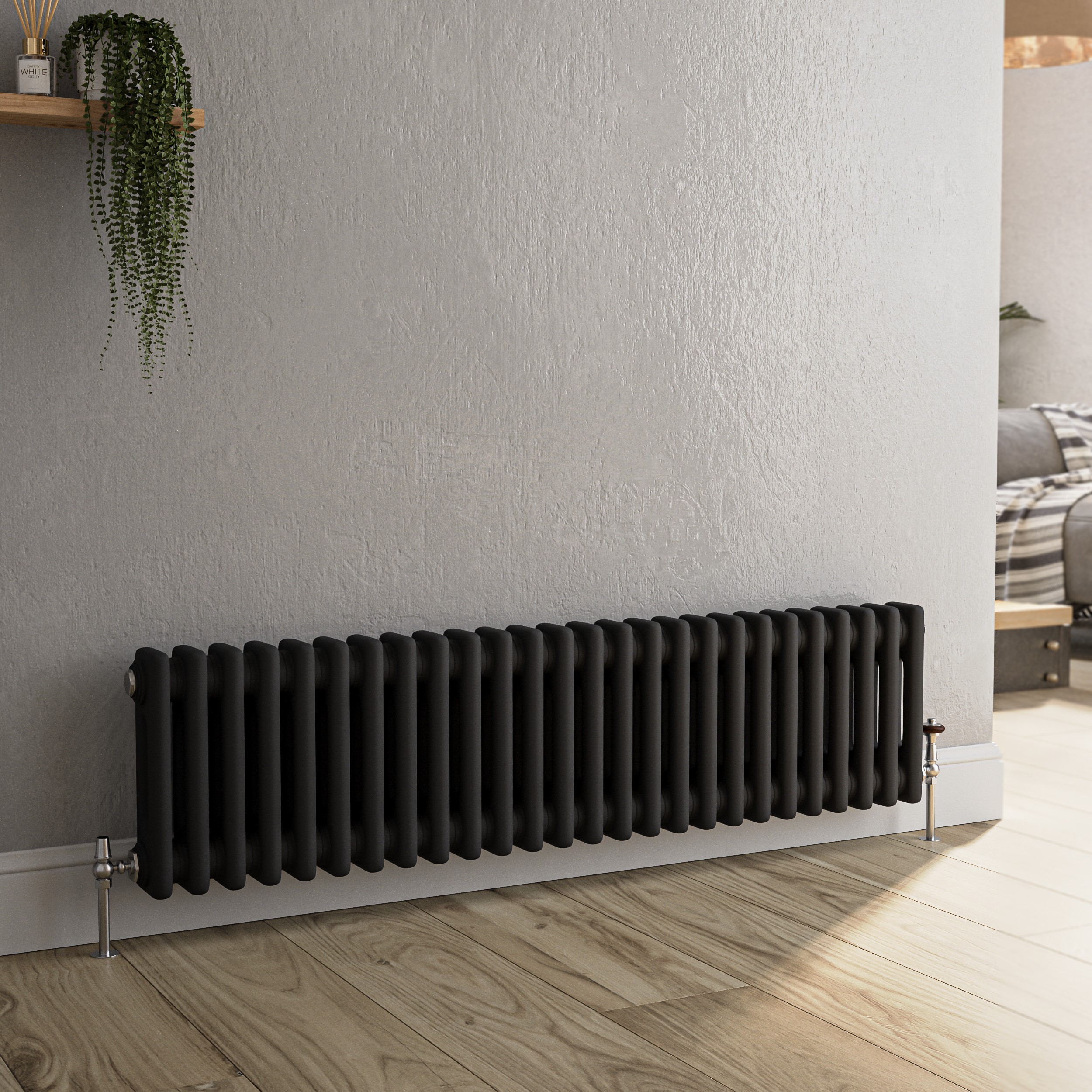 Reggio Midnight Black Horizontal Double Column Traditional Radiator 300X1190mm 2124 Btu - Cast Iron Style