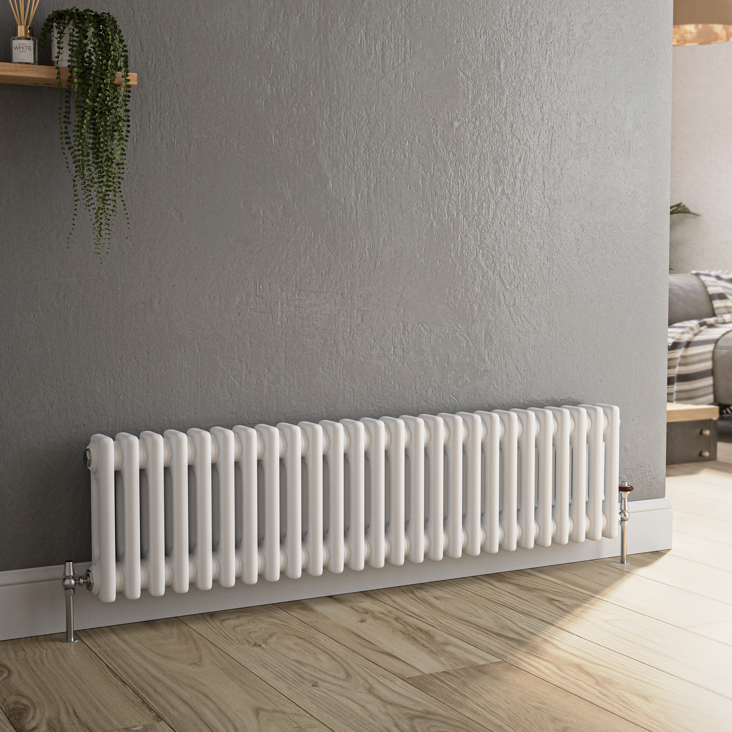 Reggio White Horizontal Double Column Traditional Radiator 300X1190mm 2124 Btu - Cast Iron Style
