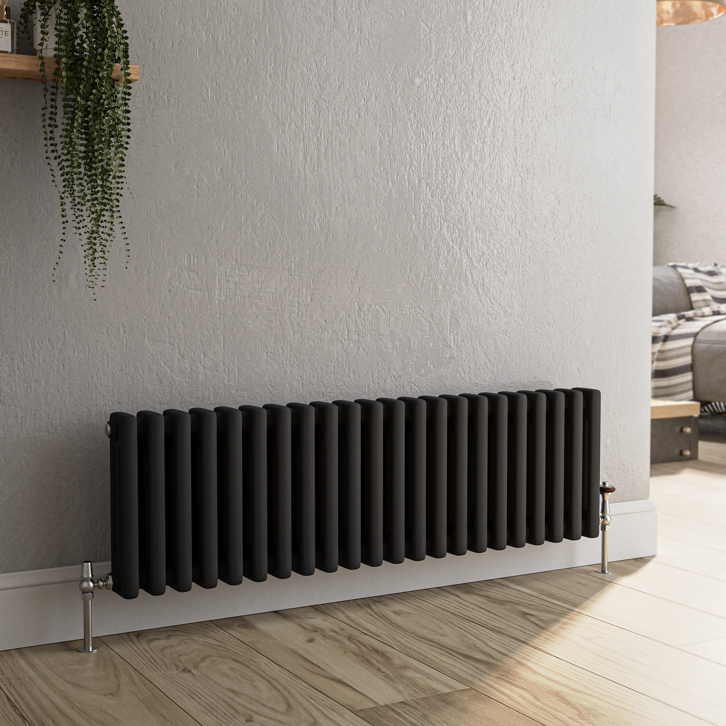 Reggio Midnight Black Horizontal Triple Column Traditional Radiator 300X1010mm 2269 Btu - Cast Iron Style