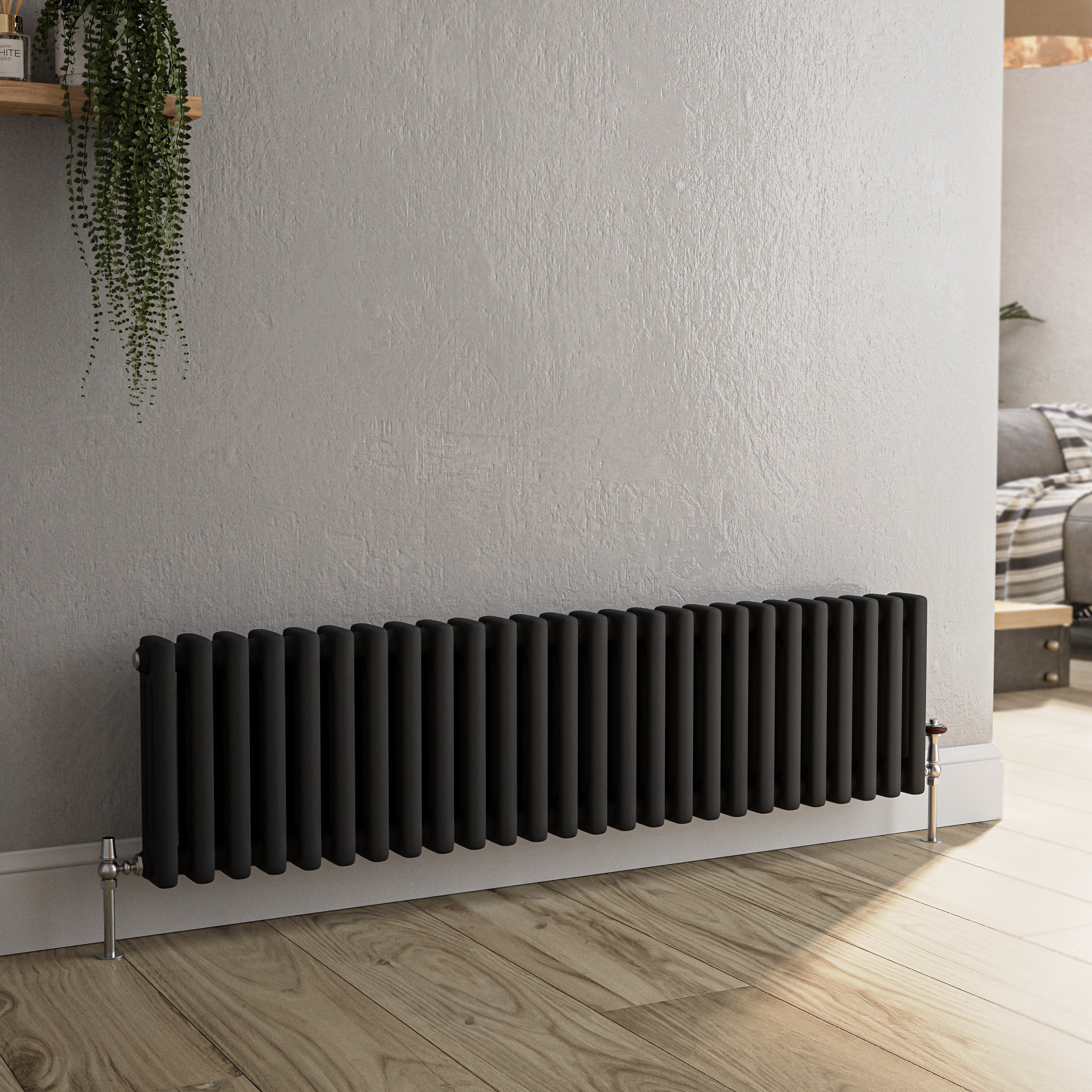 Reggio Midnight Black Horizontal Triple Column Traditional Radiator 300X1190mm 2682 Btu - Cast Iron Style