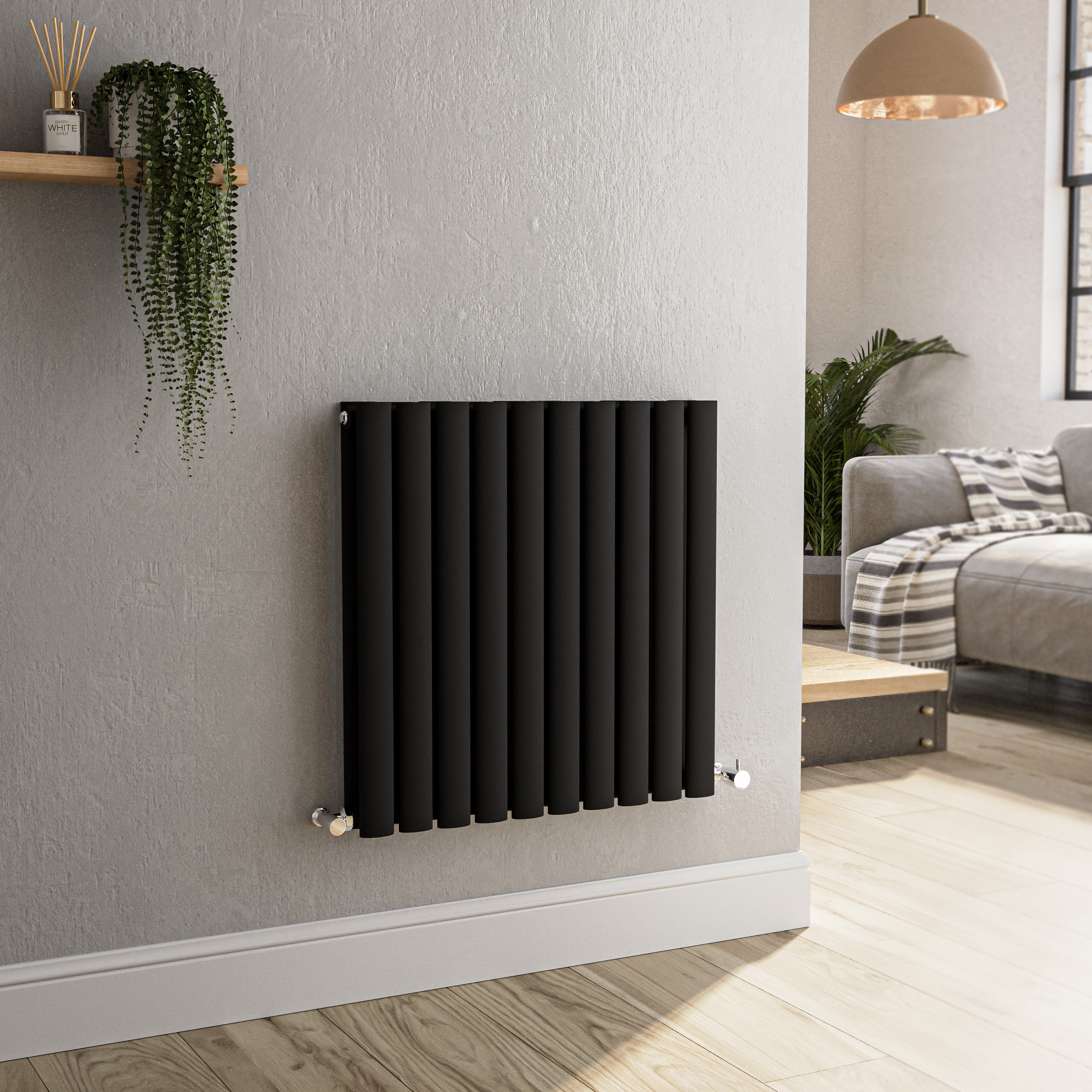 Sorrento Midnight Black Horizontal Oval Designer Radiator 600X590mm Double Panel 2399 Btu Large