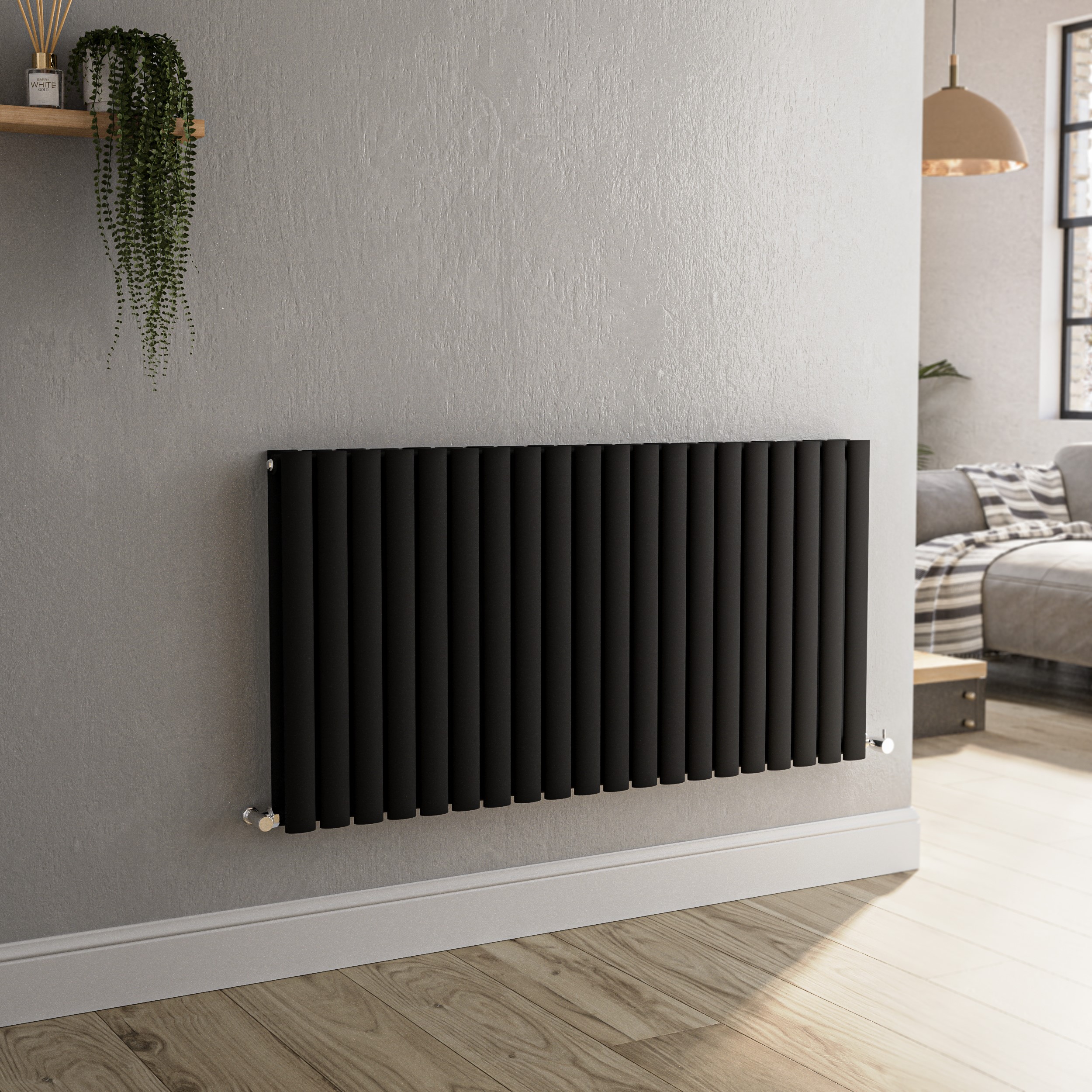 Sorrento Midnight Black Horizontal Oval Designer Radiator 600X1180mm Double Panel 4798 Btu