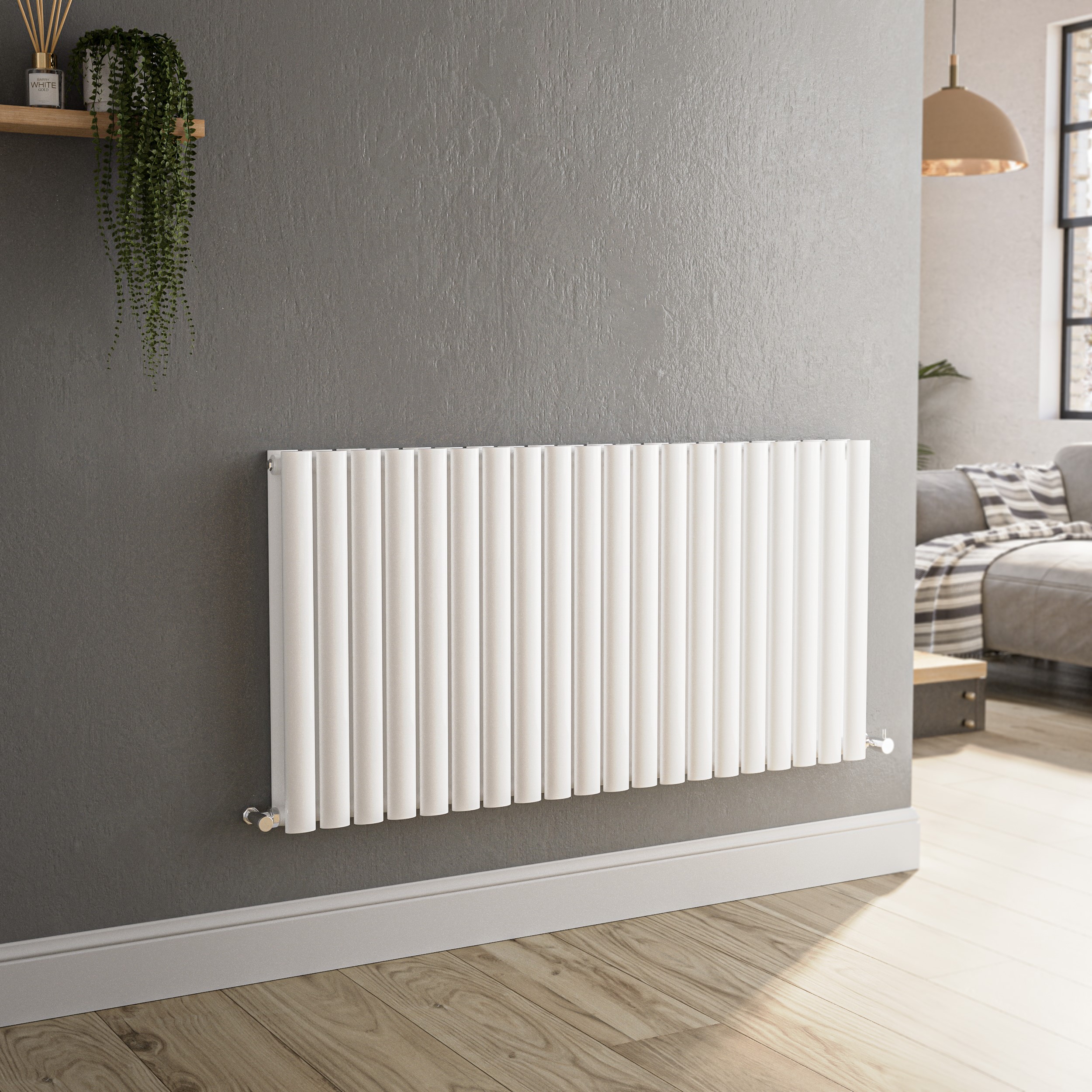 Sorrento White Horizontal Oval Designer Radiator 600X1180mm Double Panel 4798 Btu Large