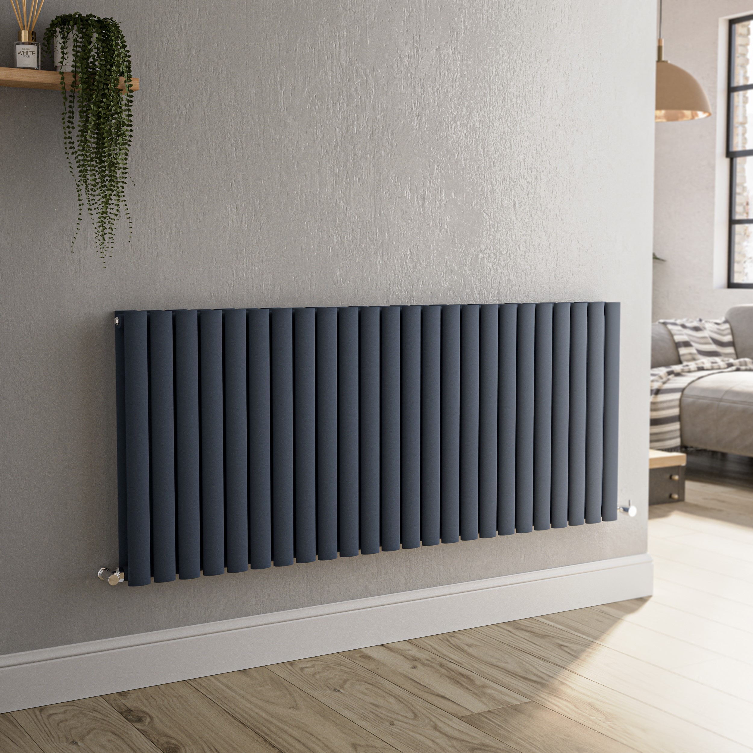 Sorrento Anthracite Horizontal Oval Designer Radiator 600X1416mm Double Panel 5758 Btu Large