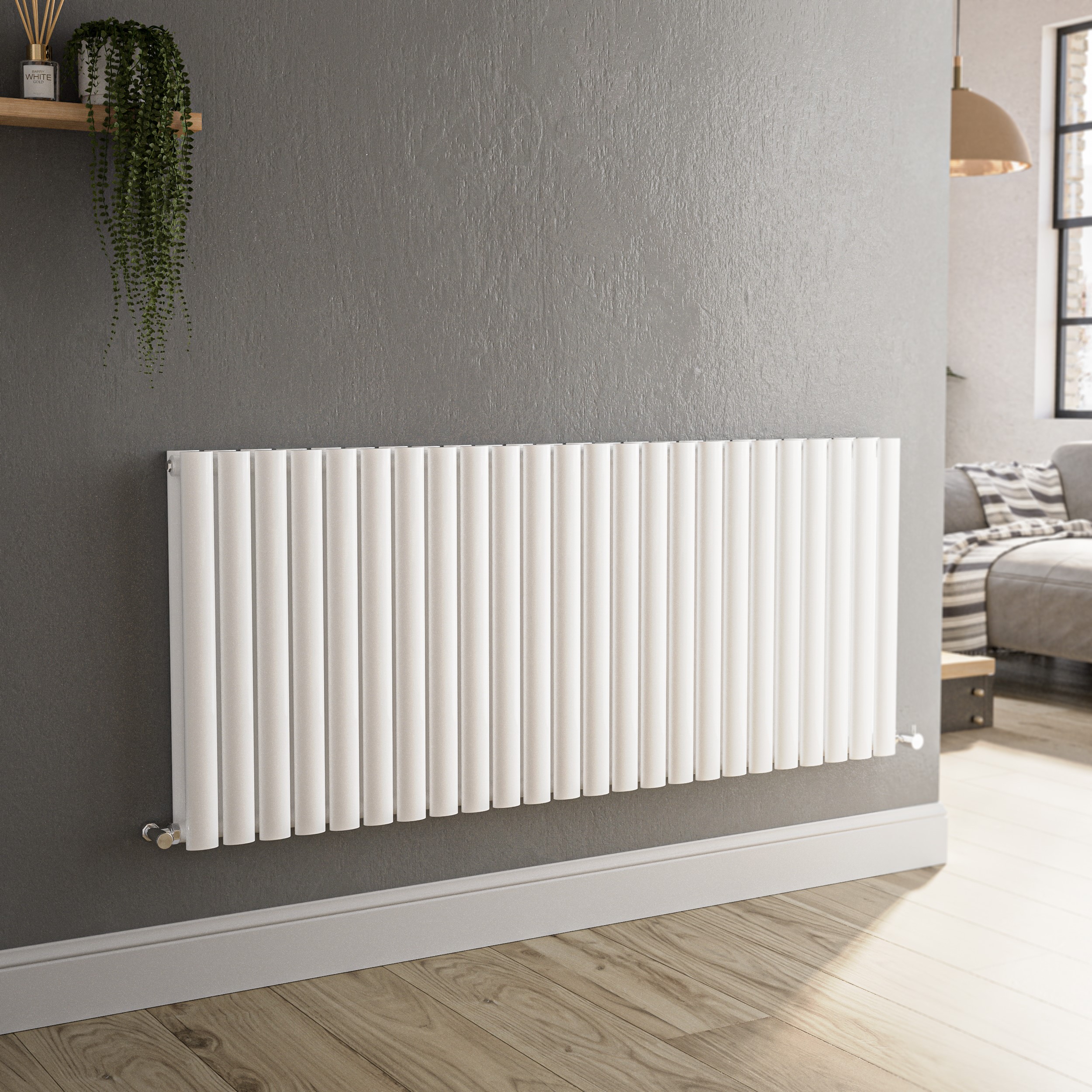 Sorrento White Horizontal Oval Designer Radiator 600X1416mm Double Panel 5758 Btu